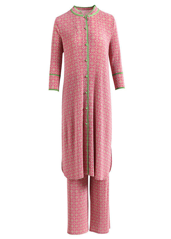Pink Stand Collar Print Silk Long Shirts and Wide Leg Pants Two-piece Set