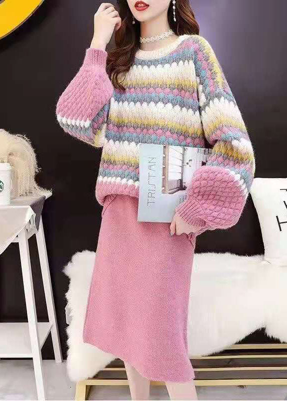 Pink Striped Two Piece Set Winter Clothing