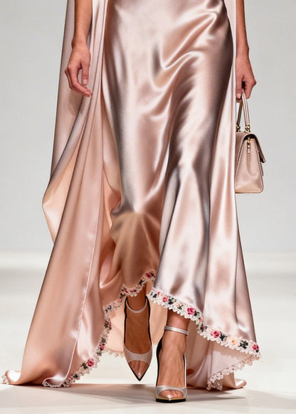 Pink Turtle Neck Lace Patchwork Silk Long Dress Summer