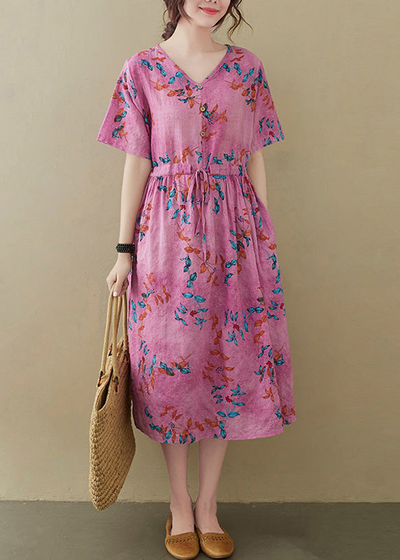 Pink V Neck Button Party Maxi Dress Short Sleeve