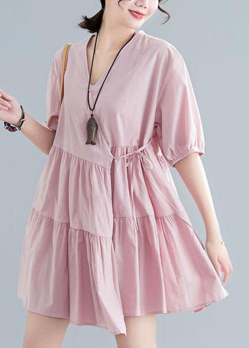 Pink V Neck Cinched Ankle Summer Cotton Dress