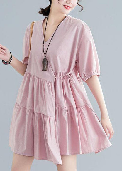 Pink V Neck Cinched Ankle Summer Cotton Dress