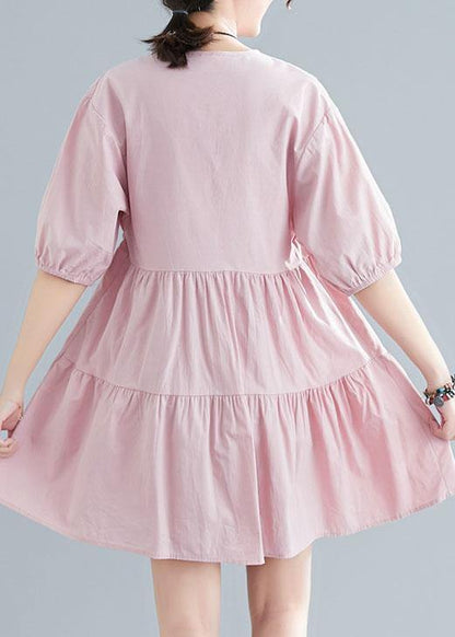Pink V Neck Cinched Ankle Summer Cotton Dress