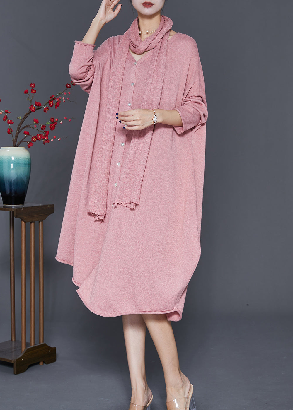 Pink V Neck Complimentary Scarf Knit Dress Fall
