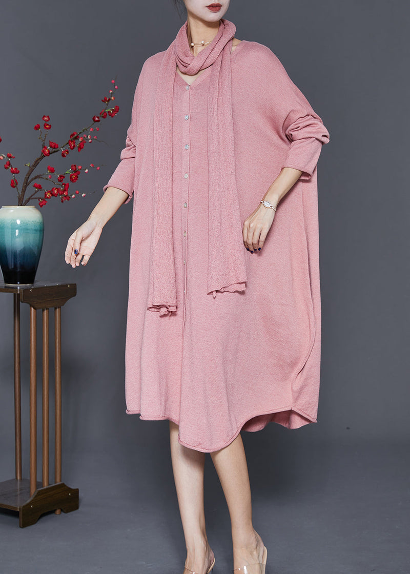 Pink V Neck Complimentary Scarf Knit Dress Fall