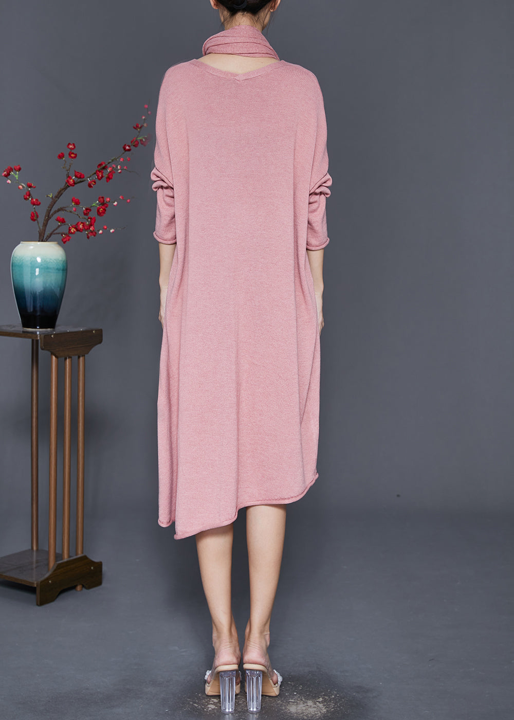 Pink V Neck Complimentary Scarf Knit Dress Fall