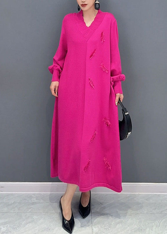 Pink V Neck Knit Long Dress Long Sleeve