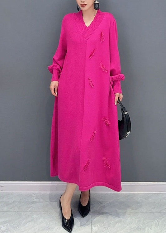 Pink V Neck Knit Long Dress Long Sleeve