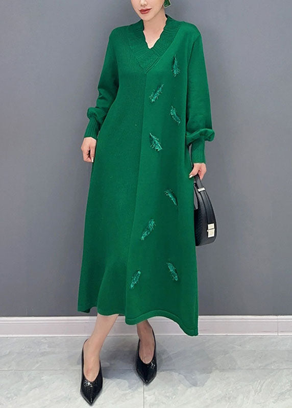 Pink V Neck Knit Long Dress Long Sleeve