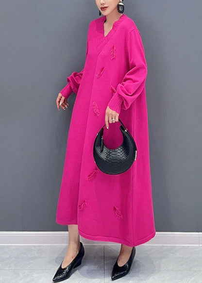 Pink V Neck Knit Long Dress Long Sleeve