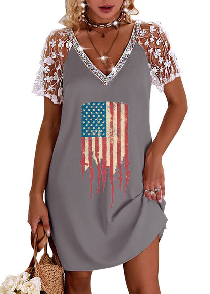 Pink V Neck Lace Patchwork Hollow Out Cotton Holiday Dress Short Sleeve