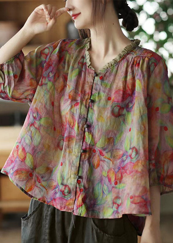 Color Stripes V Neck Ruffled Print Linen Blouse Top Half Sleeve