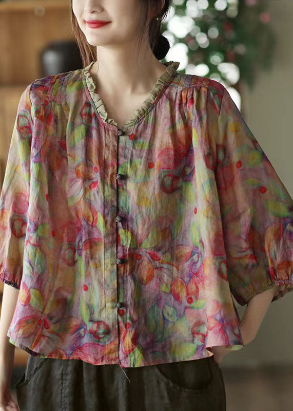 Brown Geometry V Neck Ruffled Print Linen Blouse Top Half Sleeve