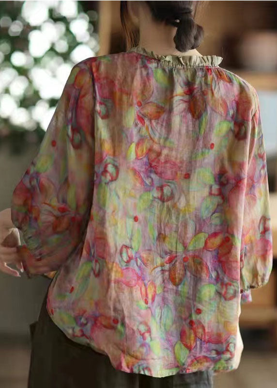 Pink V Neck Ruffled Print Linen Blouse Top Half Sleeve