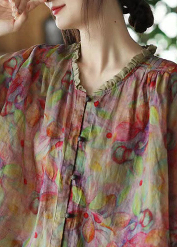 Brown Geometry V Neck Ruffled Print Linen Blouse Top Half Sleeve