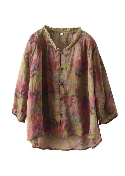 Brown Geometry V Neck Ruffled Print Linen Blouse Top Half Sleeve