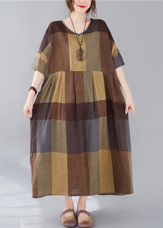 Plaid V Neck Patchwork Linen Long Dresses Summer