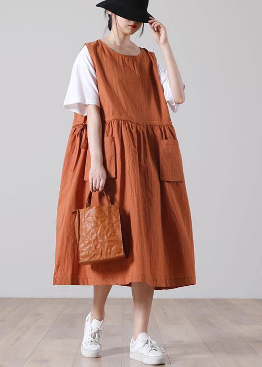 Pockets Orange Mid Big Hem Summer Cotton Dress