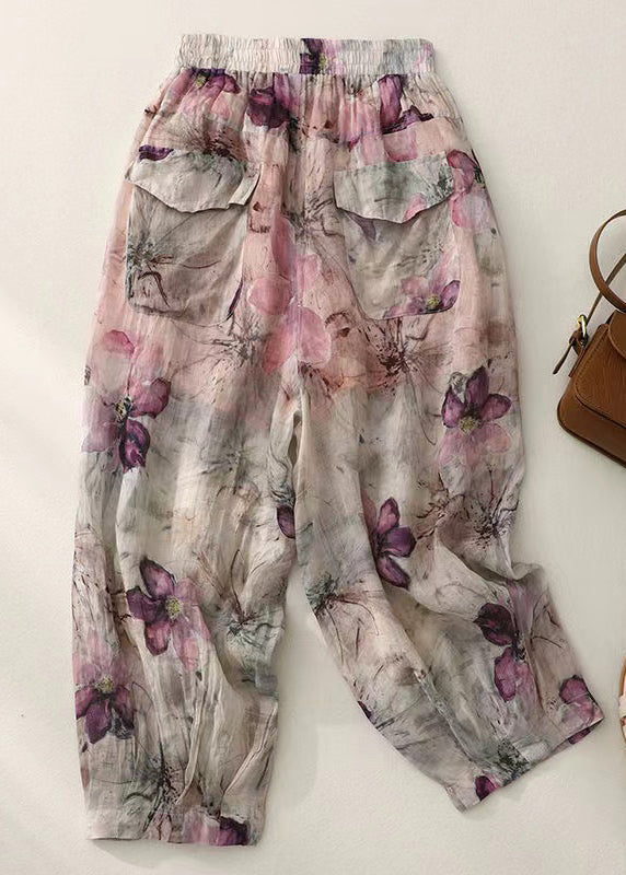 Pockets Print Elastic Waist Cotton Lantern Pants Summer