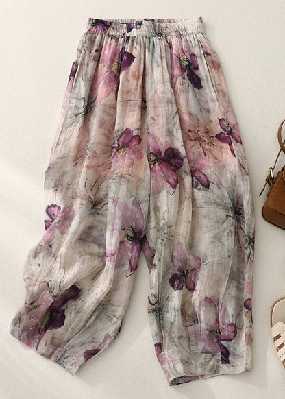 Pockets Print Elastic Waist Cotton Lantern Pants Summer