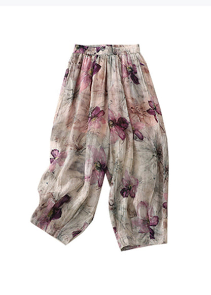 Pockets Print Elastic Waist Cotton Lantern Pants Summer