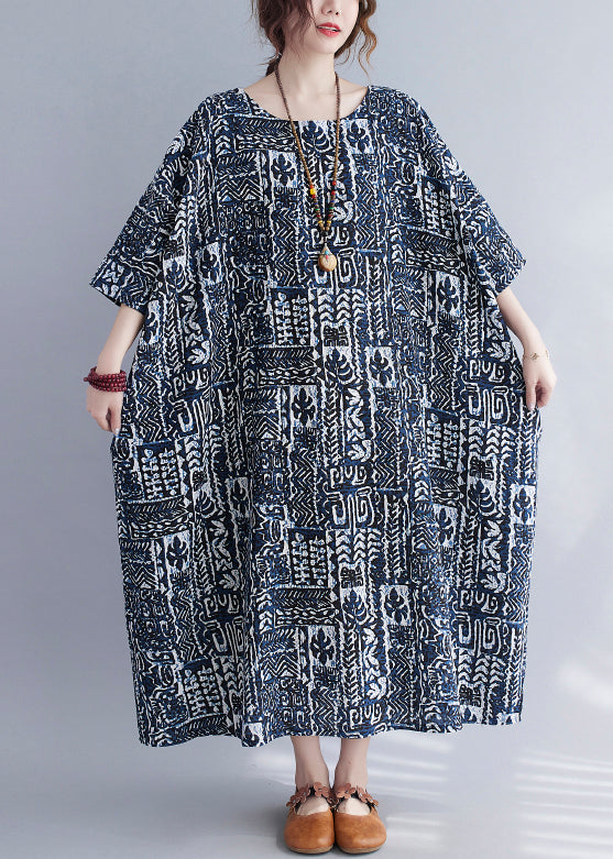 Print O Neck Pockets Cotton Long Dresses Summer