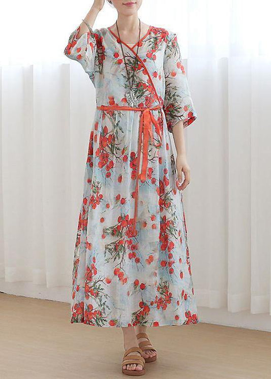 Print Oriental Linen Tie Waist Summer Mid Dress