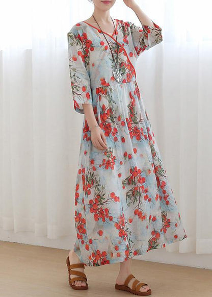 Print Oriental Linen Tie Waist Summer Mid Dress