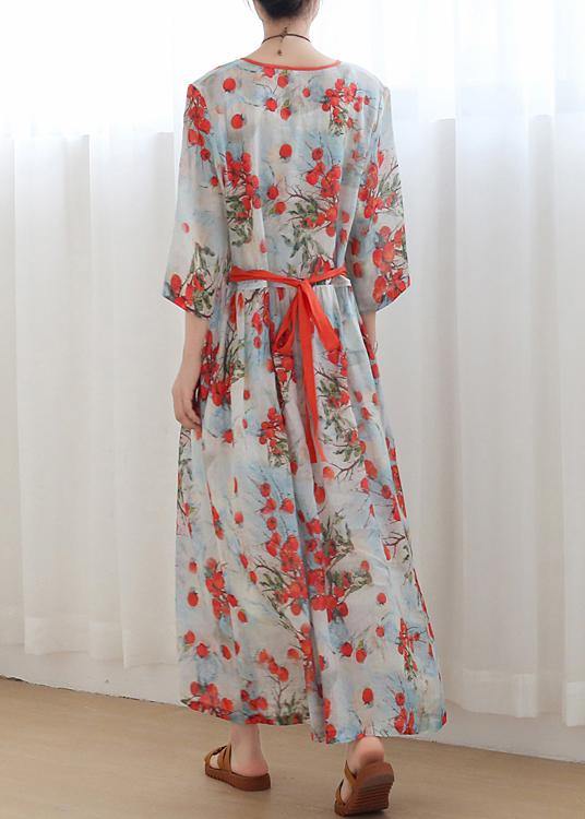 Print Oriental Linen Tie Waist Summer Mid Dress