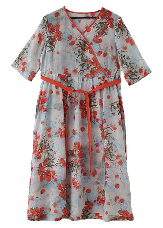 Print Oriental Linen Tie Waist Summer Mid Dress
