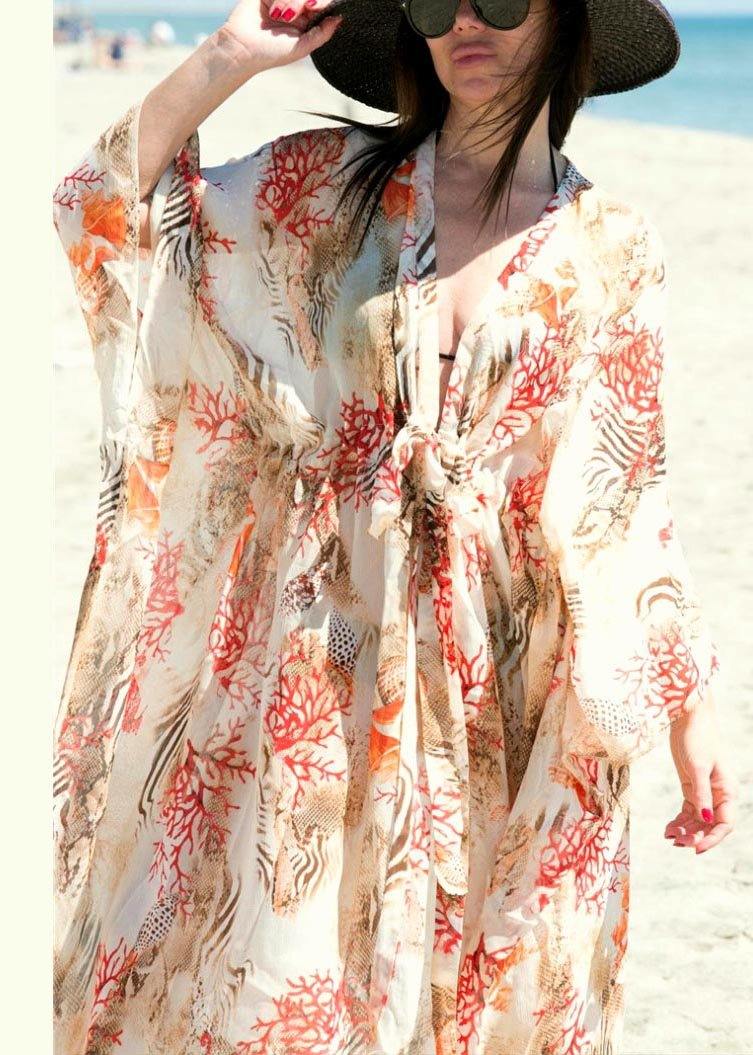 Print Tie Waist Kimono Robe Oversize Chiffon Dress