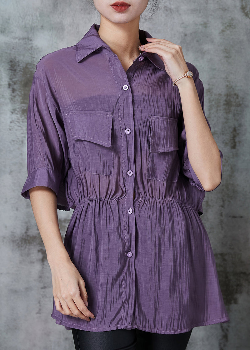 Purple Cinched Patchwork Silk Shirt Top Summer