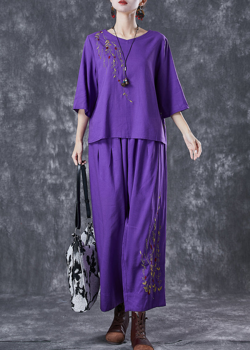 Purple Embroidered Linen Two Pieces Set Summer
