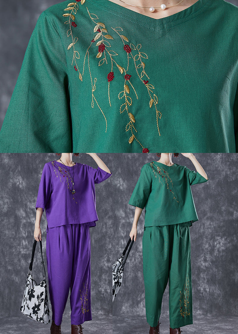 Purple Embroidered Linen Two Pieces Set Summer