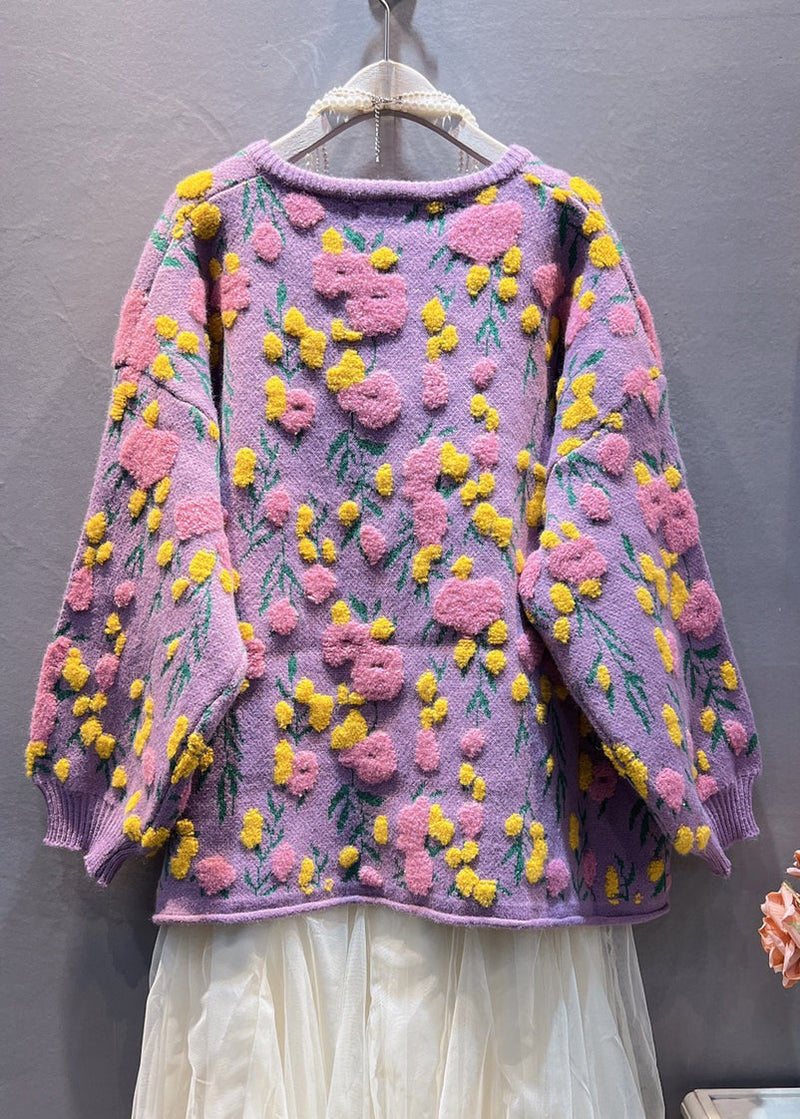 Purple Button Knit Coats Long Sleeve