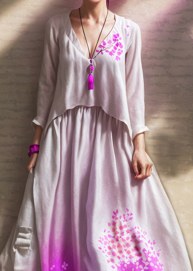 Purple Gradient V Neck Print Wrinkled Patchwork Silk Dress Summer