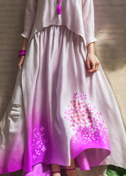 Purple Gradient V Neck Print Wrinkled Patchwork Silk Dress Summer