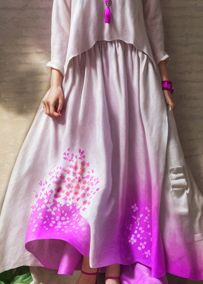 Purple Gradient V Neck Print Wrinkled Patchwork Silk Dress Summer