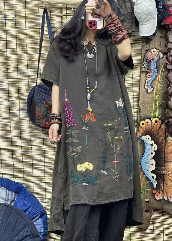 Purple O Neck Embroidered Linen Mid Dresses Summer