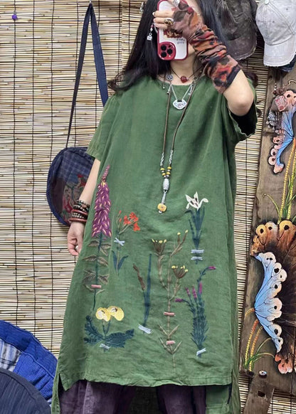 Purple O Neck Embroidered Linen Mid Dresses Summer