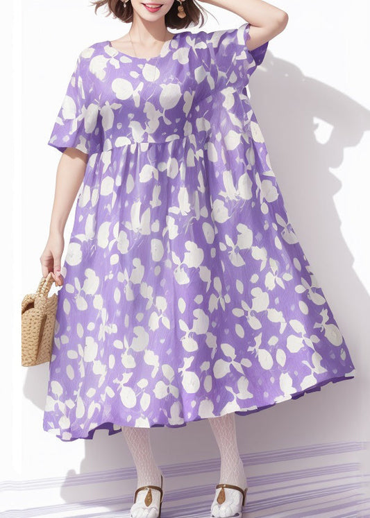 Purple O Neck Print Cotton Dress Summer