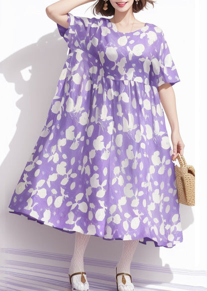 Purple O Neck Print Cotton Dress Summer