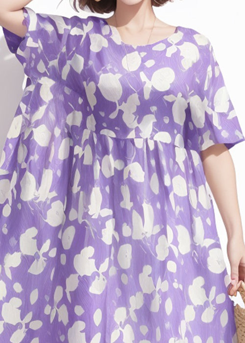 Purple O Neck Print Cotton Dress Summer