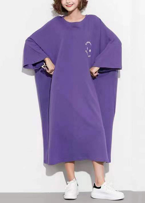 Purple O Neck Print Patchwork Cotton Long Dress Summer