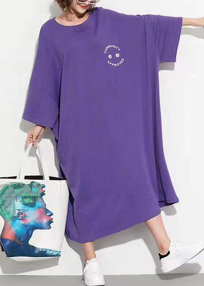 Purple O Neck Print Patchwork Cotton Long Dress Summer