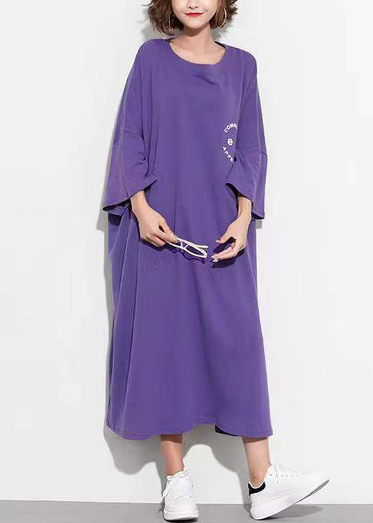 Purple O Neck Print Patchwork Cotton Long Dress Summer