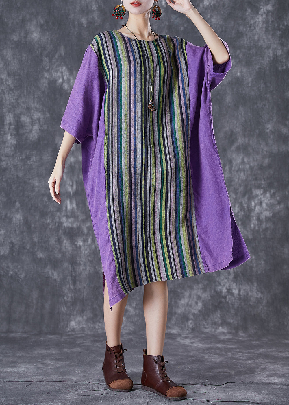 Purple Oversized Patchwork Striped Linen Dress Summer