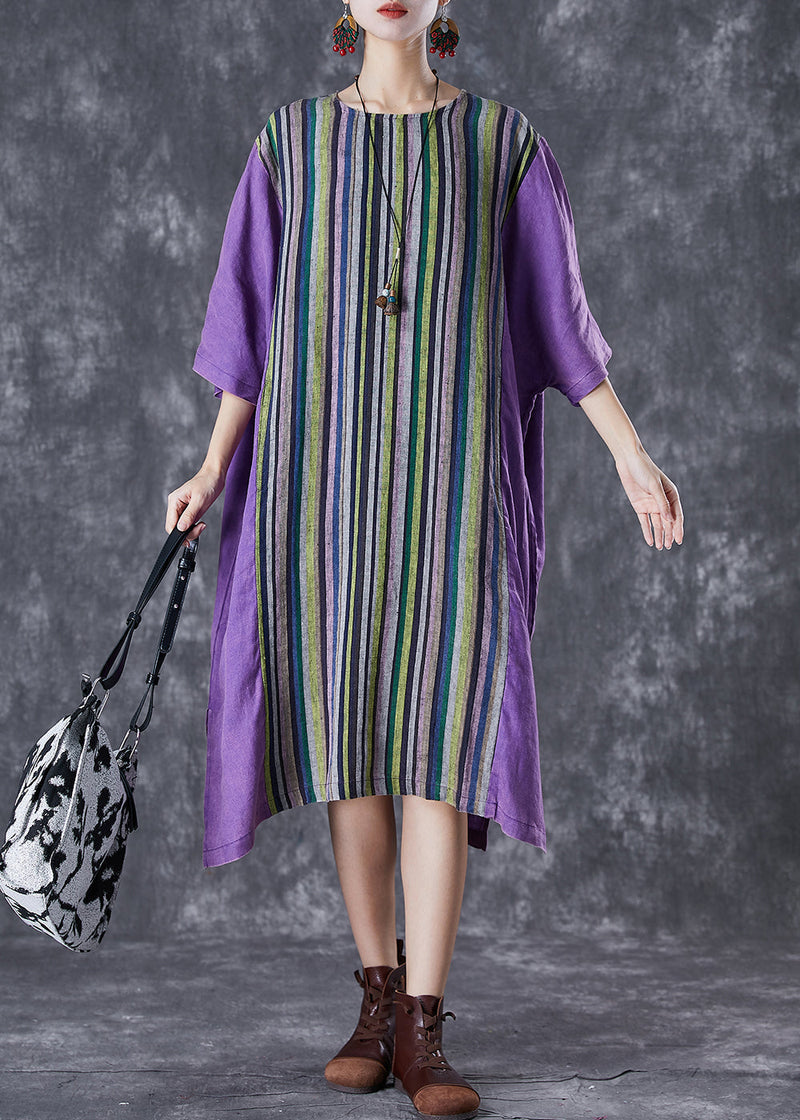 Purple Oversized Patchwork Striped Linen Dress Summer