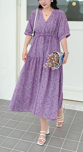 Purple Print Chiffon V Neck Summer Dress