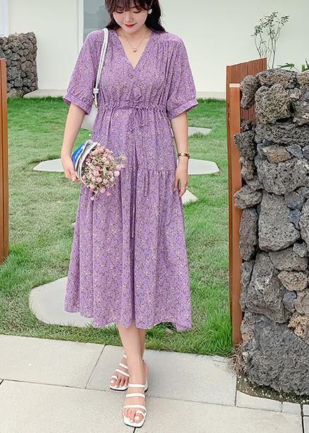 Purple Print Chiffon V Neck Summer Dress